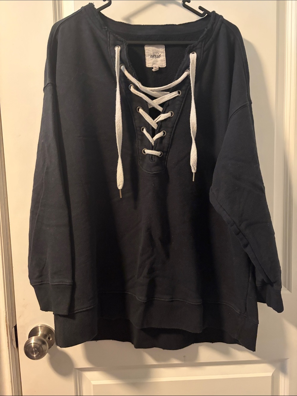 aerie Black Lace-Up V-Neck Pullover Sweater with White Drawcords